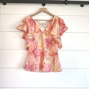 Vtg Floral Y2K Flutter Fairy Feminine Blouse Top Criss Cross Pink Peach Size 10